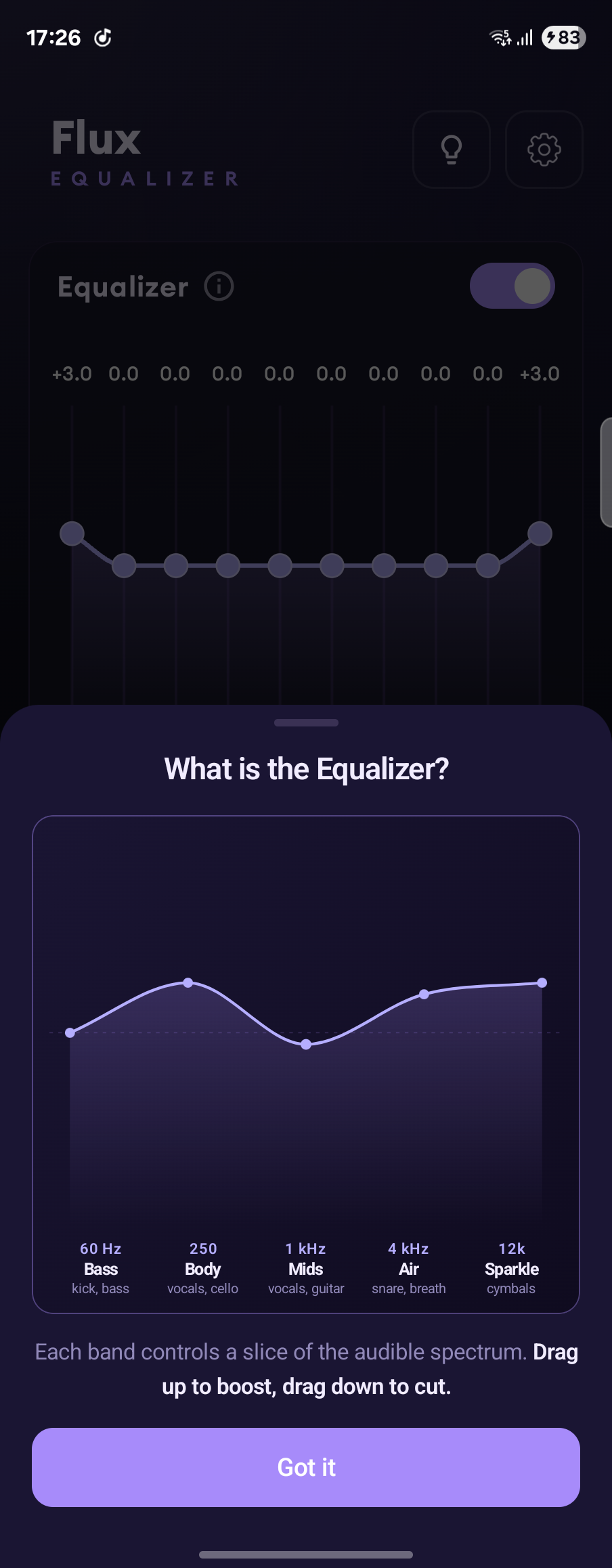 The What is the Equalizer info dialog with frequency band labels