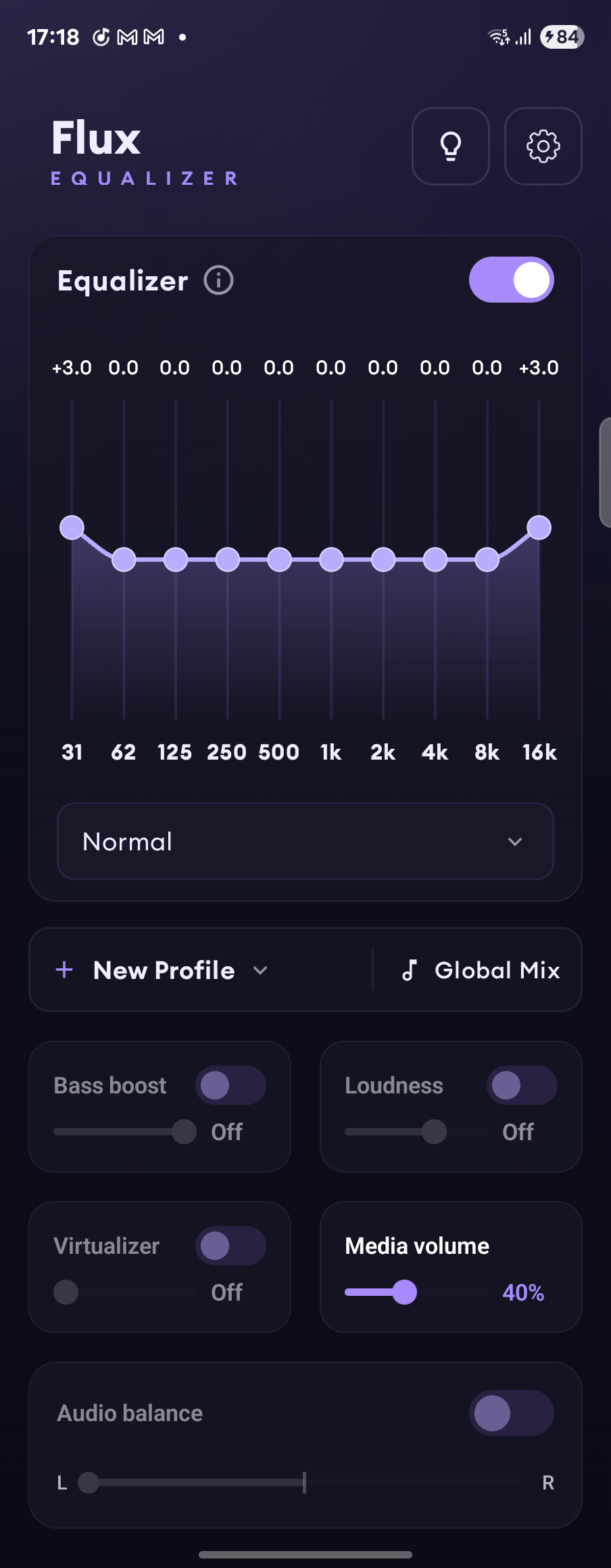 Flux Equalizer home screen showing the 10-band equalizer