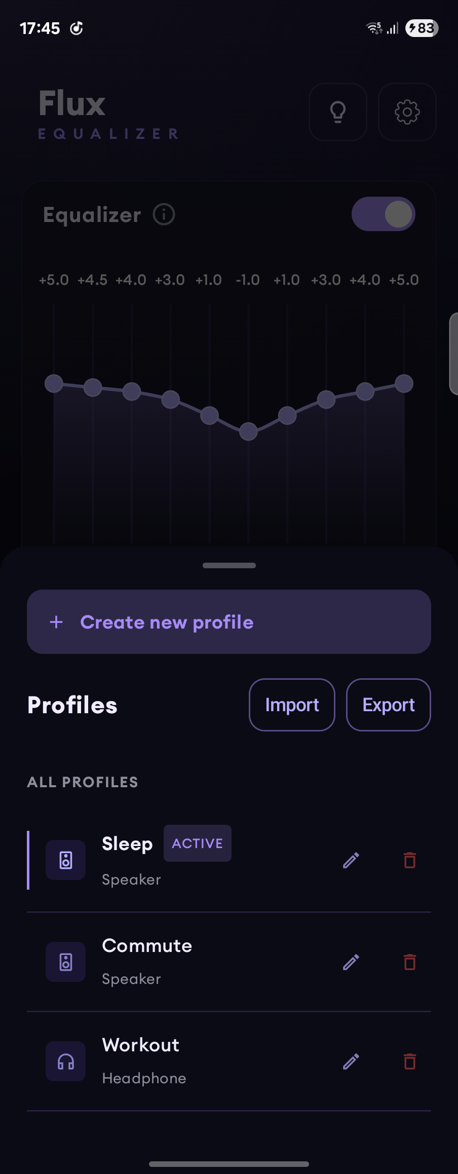 Profiles screen with Sleep, Commute, and Workout profiles saved